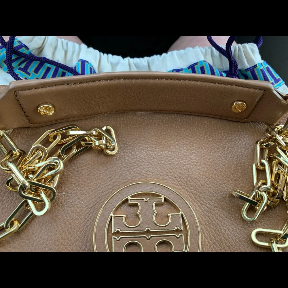 Tory Burch Tan Leather Clutch with Logo Medallion